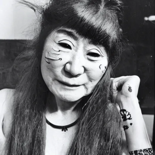 Image similar to photo of yoko ono in 1 9 7 4 with dyed purple hair, face tattoos, and face peircings