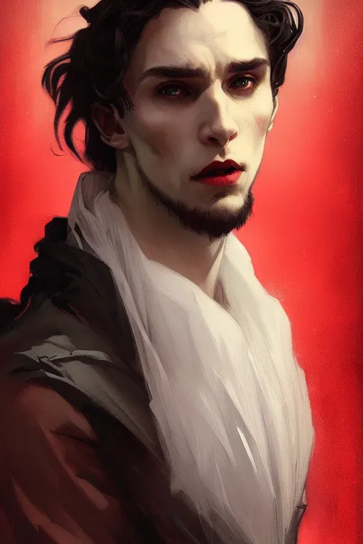 Image similar to portrait of a beautiful young fit male vampire with curly white hairs, dressed with urban clothes, by greg rutkowski and alphonse mucha, d & d character, gradient white to red, modern nocturnal background, highly detailed portrait, digital painting, artstation, concept art, smooth, sharp focus ilustration, artstation hq