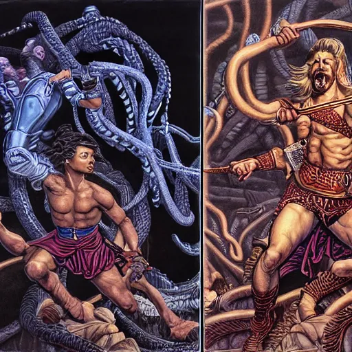 Image similar to detailed illustration of perseus vs medusa, hyper detailed, realistic, artwork by larry elmore, cinematic lighting