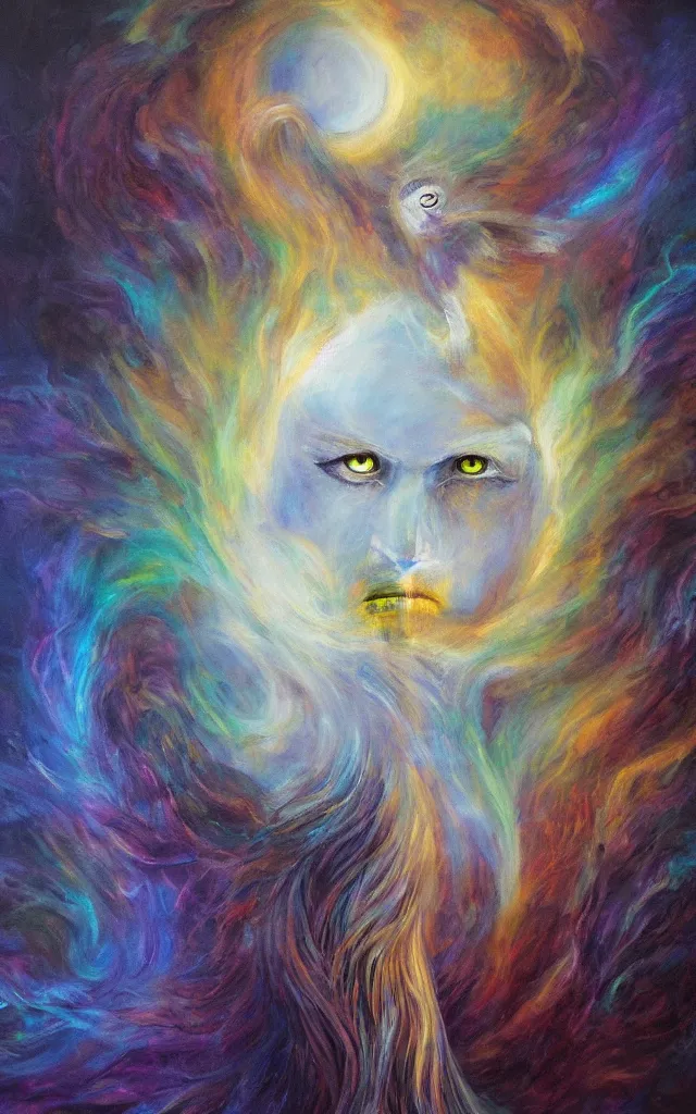 Prompt: iridescent spirit of wrath and fear cruel beautiful spirit with golden eyes lunar mythos ambient fog, award winning oil painting, lunar color palette