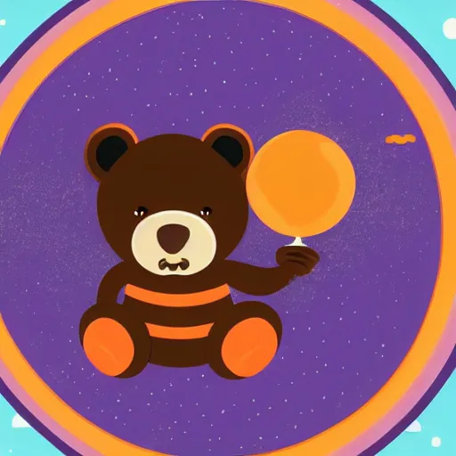 Image similar to cartoon illustration of a bear mascot being launched from a futuristic marble planet, purple and orange cloudland