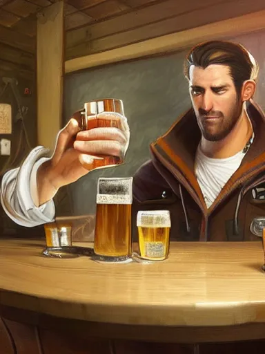 Prompt: a young handsome guy, drinking draffted beer in a pub. intricate, elegant, highly detailed, digital painting, artstation, concept art, sharp focus, illustration, by justin gerard and artgerm, 8 k