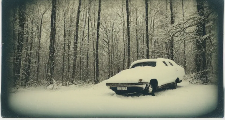 Image similar to vintage polaroid photograph of a car in a snowy forest