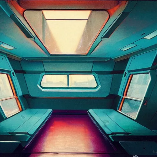 Image similar to Cozy interior of a spaceship, teal lighting, cozy lighting, space seen outside from a window, by Syd Mead, John Harris, Federico Pelat