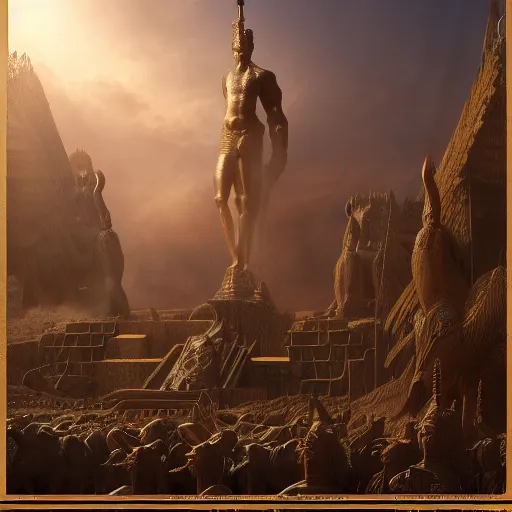 Prompt: gold statue of gilgamesh, flanked by lamassu, matte painting in the style of greg rutkowski and james gurney, trending on Artstation, digital art
