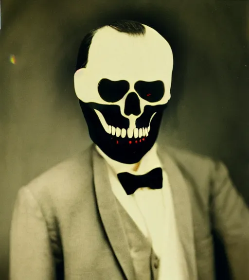 Prompt: portrait of a man in a suit with grim reaper head, vintage technicolor film photo, grainy, high detail, high resolution