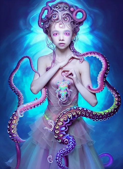 Image similar to A full body shot of a cute young magical girl wearing an ornate dress made of opals and tentacles. Monster GIrl. Subsurface Scattering. Dynamic Pose. Translucent Skin. Rainbow palette. defined facial features, symmetrical facial features. Opalescent surface. Soft Lighting. beautiful lighting. By Giger and Ruan Jia and Artgerm and WLOP and William-Adolphe Bouguereau. Photo real. Hyper-real. Photorealism. Fantasy Illustration. Sailor Moon hair. Masterpiece. trending on artstation, featured on pixiv, award winning, cinematic composition, dramatic pose, sharp, details, Hyper-detailed, HD, HDR, 4K, 8K.