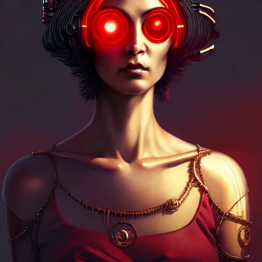 Image similar to woman with extremely large and intricate haircut with angry red eyes and slim features looking askance, eye cyberpunk bionics, retro futurist style, intricate, elegant gleaming intricate baroque jewelry, angelic halo, highly detailed, digital painting, artstation, concept art, smooth, sharp focus, illustration, art by wlop, mars ravelo and greg rutkowski,