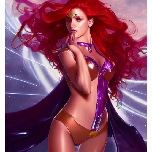 Image similar to ultra realistic illustration, bella thorne as starfire anime, intricate, elegant, highly detailed, digital painting, artstation, concept art, smooth, sharp focus, illustration, art by artgerm and greg rutkowski and alphonse mucha and wlop