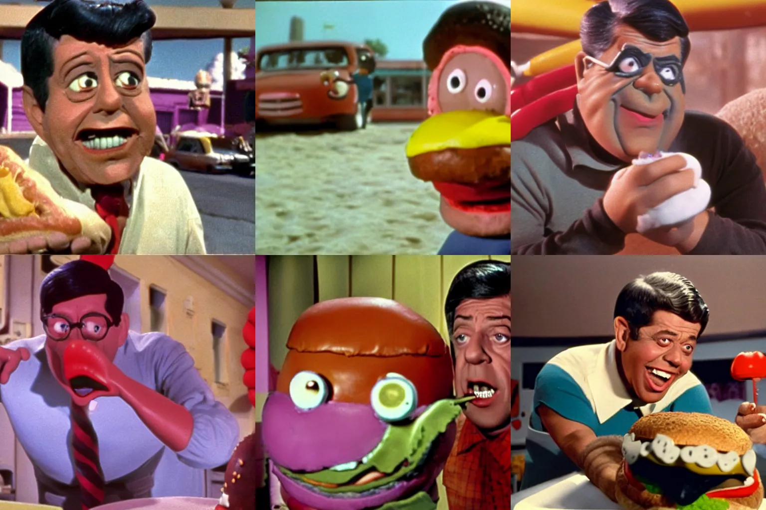 Prompt: color movie still of jerry lewis in hot dog monster vs hamburger monster by ray harryhausen