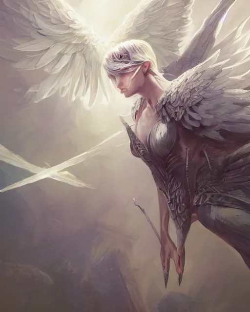 Image similar to Swan Angel, D&D, artstation, fantasy, magic the gathering artwork, cinematic lighting, centered, symmetrical, highly detailed, digital painting, , concept art, smooth, sharp focus, illustration, volumetric lighting, epic Composition, 8k, art by Akihiko Yoshida and Greg Rutkowski and Craig Mullins, oil painting, cgsociety