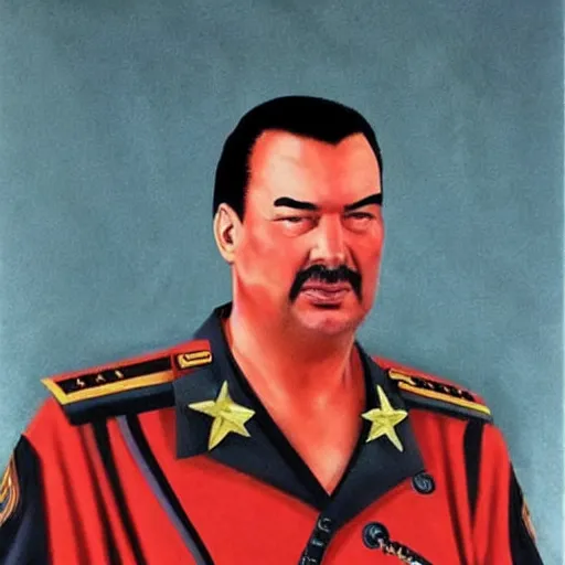 Prompt: Steven Seagal dressed as a soviet commander, realistic portrait.