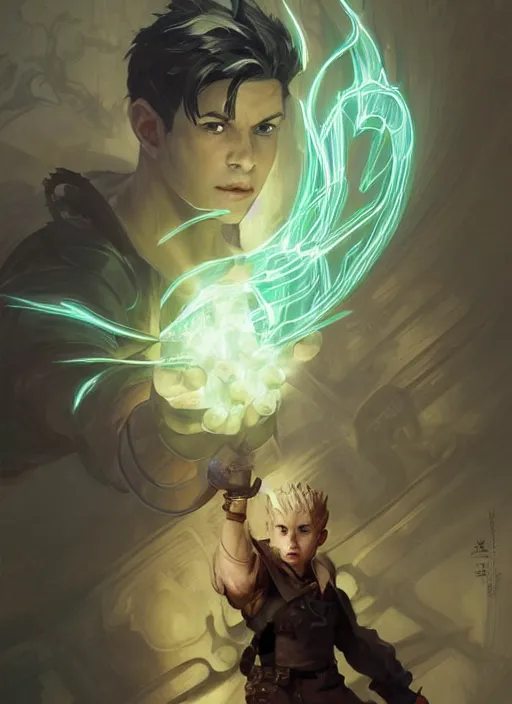 Image similar to character concept portrait of a handsome young wizard with olive skin and buzzed short spiky hairstyle casting a glowing spell with glowing runes, a floating iridescent spell book, intricate, elegant, digital painting, concept art, smooth, sharp focus, illustration, from Metal Gear, by Ruan Jia and Mandy Jurgens and Artgerm and William-Adolphe Bouguereau