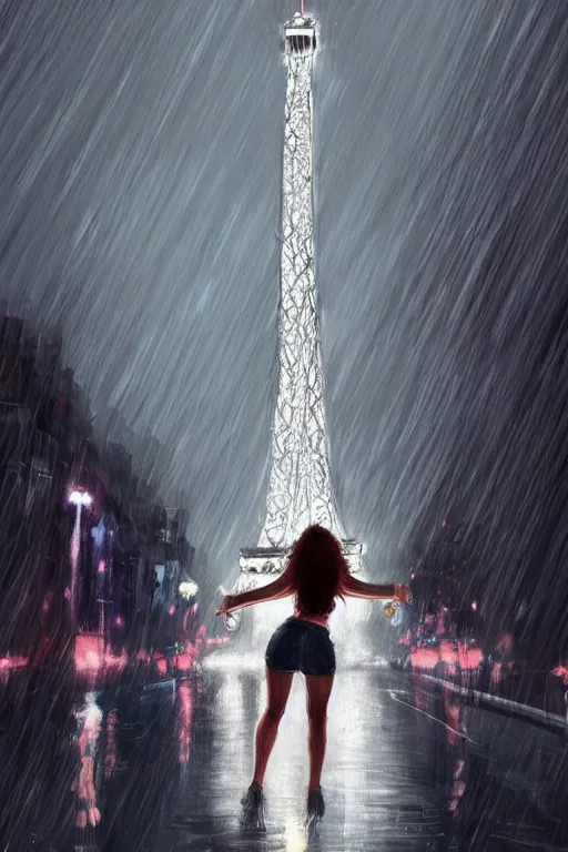 Image similar to hispanic female teen climbing the Eiffel Tower at night, downpour, action scene, artstation, concept art, smooth, sharp focus, art by artgerm