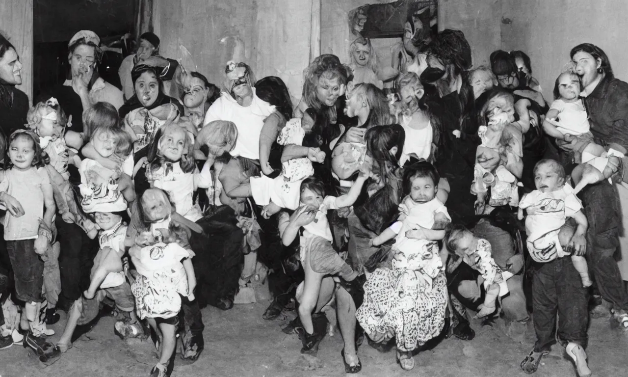 Prompt: a photograph of baby addicts hanging out at the crack house partying