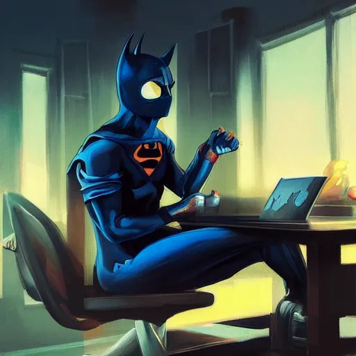 Prompt: a masked superhero wearing a costume sitting at the computer nervously clicking on the mouse in the style of peter mohrbacher