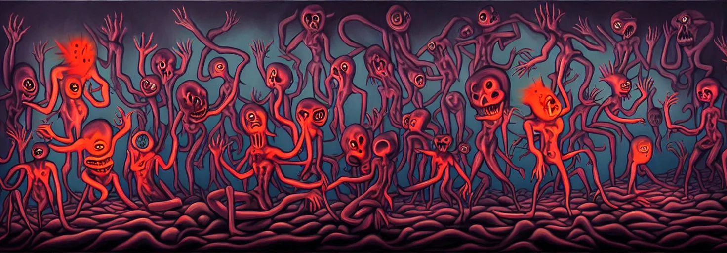 Prompt: visceral freaky obsessive creatures from the darkest depths of collective unconscious, dramatic glowing lighting, 1 9 3 0 s fleischer cartoon characters, wild emotional expressions - surreal painting by ronny khalil