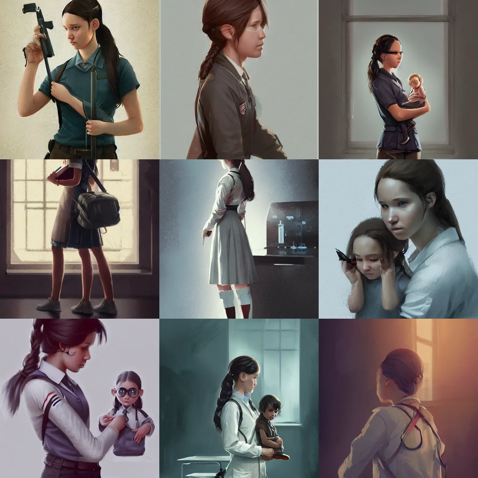 Prompt: a laboratory, ( ( ( ( ( katniss everdeen ) ) ) ) ) as a student, wearing a school uniform, is holding a tiny person, digital art, greg rutkowski, artstation