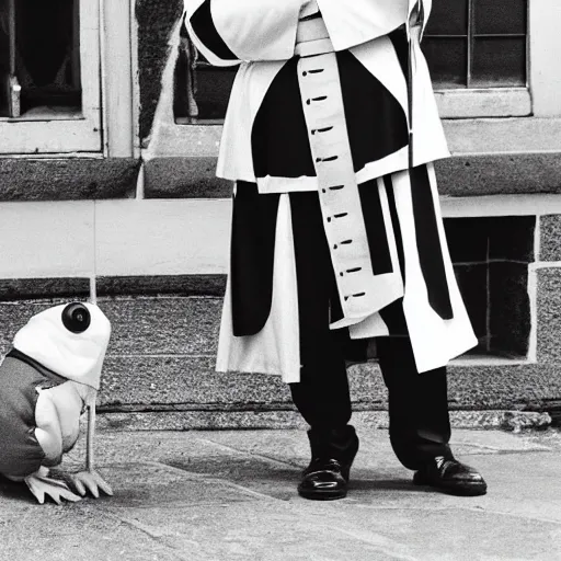 Image similar to black and white photograph of the with a frog with pope clothes