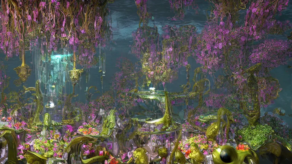 Image similar to a centered render of intricate modular synthesizer of cenacolo vinciano, shining its light across a tumultuous sea of flowers, undersea animals, gothic crystal tables and chairs by dorothea tanning and salvador dali, trending on artstation, cyber punk, soft color, unreal engine, high detailed, 8 k