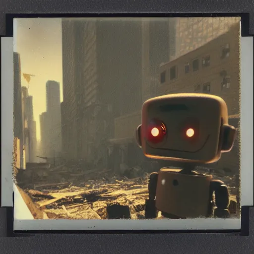 Image similar to old polaroid of a evil robot walking on a destroyed city, 8 k, uhd, golden hour, 8 0 0 mm