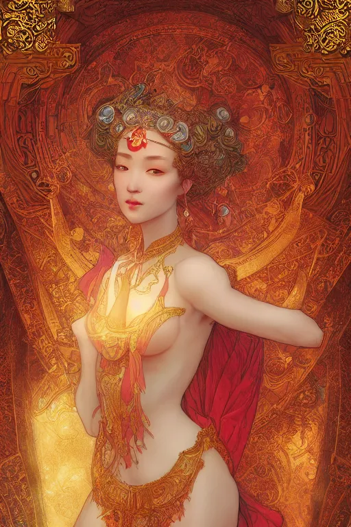 Image similar to tarot card artstation, portrait of an asian love dancer, sunrise, baroque ornamnet and rococo ornament, ancient chinese ornate, hyperdetailed, beautiful lighting, craig mullins, mucha, klimt, yoshitaka amano, red and gold and orange color palatte