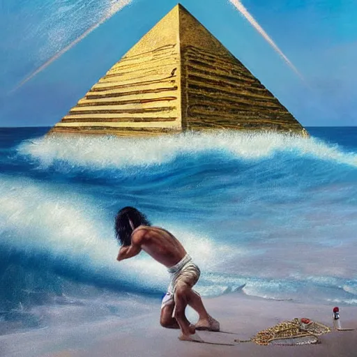 Image similar to hyper realistic detailed painting of tutankhamun surfing a big wave in the ocean next to a sunny beach with a pyramid with the all seeing eye by Andrei Tarkovsky, Adrian ghenie, Storm, Thorgerson, pastel colors, cinematic. Bekinski painting, masterpiece