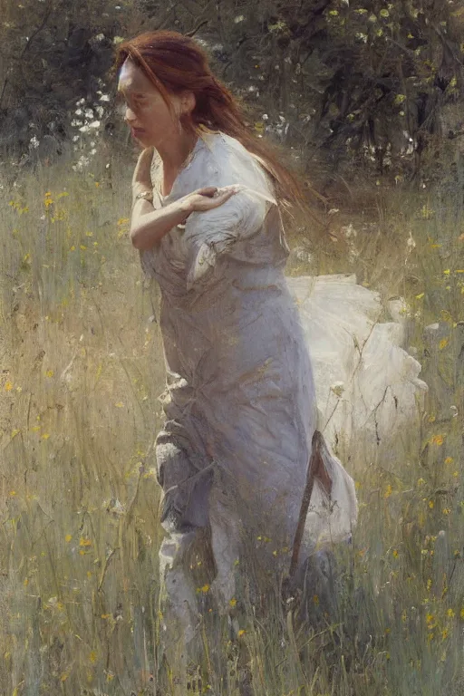 Prompt: Solomon Joseph Solomon and Richard Schmid and Jeremy Lipking painting full length portrait painting of a young woman going to work in the field