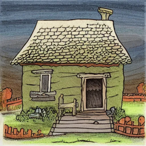 Image similar to a colored ink illustration of a humble cottage, drawn on white parchment paper, vibe, atmosphere, detailed, muted colors, by greg rutowski and ryan berkley