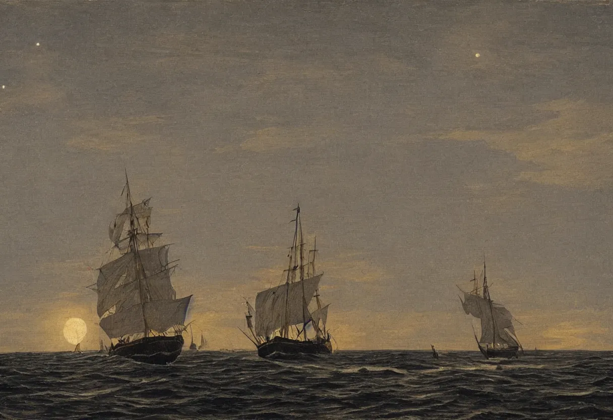 Prompt: A 16th century schooner sailing the ocean at night moon in background by Vladislav Shereshevsky