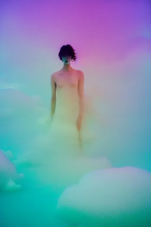 Image similar to high quality pastel coloured film close up wide angle photograph of a model wearing clothing swimming on cloud furniture in a icelandic black rock!! environment in a partially haze filled dreamstate world. three point light, rainbow. photographic production. art directed. pastel colours. volumetric clouds. pastel gradient overlay. waves glitch artefacts. extreme facial clarity. 8 k. filmic.