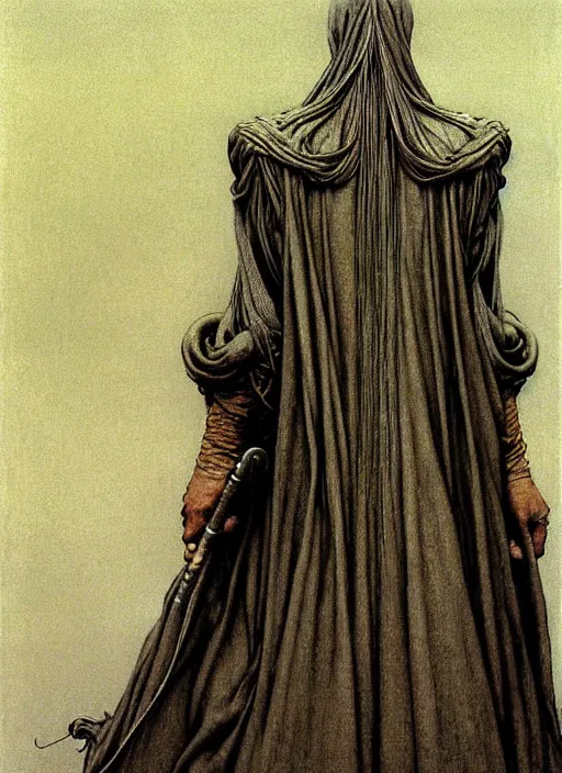 Image similar to soaring woman wearing a round mask hiding her face with many thick long blades behind head. dressed in a long robe with wide sleeves. highly detailed, symmetric, concept art, masterpiece, fantasy art, hyperdetailed, hyperrealism, art by zdzisław beksinski, arthur rackham, dariusz zawadzki, larry elmore