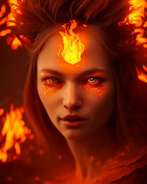 Image similar to Beautiful art portrait of fire elemental woman, atmospheric lighting, intricate detail, cgsociety, hyperrealistic, octane render, RPG portrait, ambient light, dynamic lighting