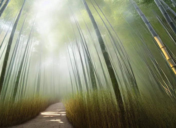 Prompt: deep in a misty japanese bamboo forest, small dirt path, rule of thirds, sunny, cartoony, anime style, mid day, realistic lighting, by ghibli studio, arcane, wild rift, trending on artstation, 4 k, hd