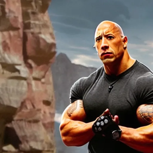 Prompt: photo of dwayne johnson played by vin diesel flexing and yelling let's go!, brass bell visible in the background on his right, low perspective, isometric perspective, movie scene