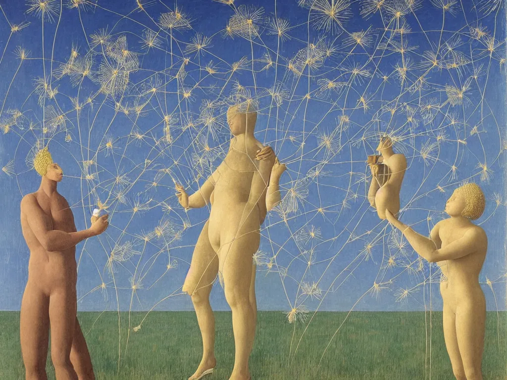 Image similar to Delicate hands holding a jug in front of giant Glowing Dandelion seed storm, African god mask fountainhead windswept. Torso of a woman. Painting by Rene Magritte, Piero della Francesca, Jean Delville, Max Ernst, Maria Sybilla Merian