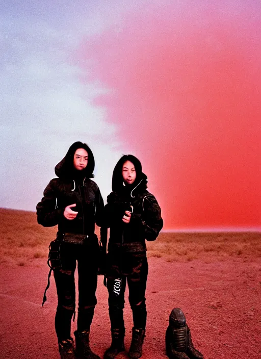 Image similar to cinestill 5 0 d photographic portrait of two loving female androids wearing rugged black techwear on a desolate plain with a red sky, extreme closeup, lizard on ground, cyberpunk style, in front of a brutalist dark metal facility, dust storm, 8 k, hd, high resolution, 3 5 mm, f / 3 2