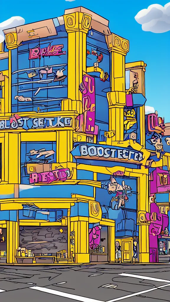 Image similar to blockbuster building in the style of a 90s cartoon