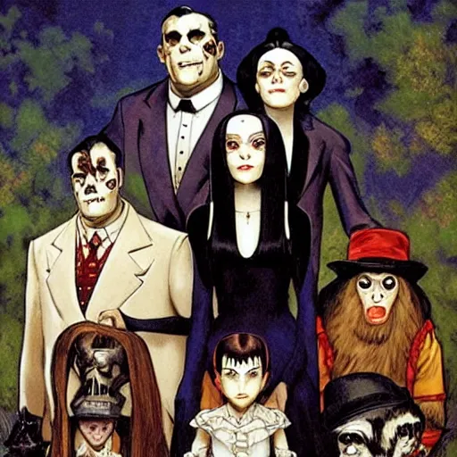 Prompt: the addams family as hillbillies in texas y j. c. leyendecker, yoji shinkawa, katayama bokuyo