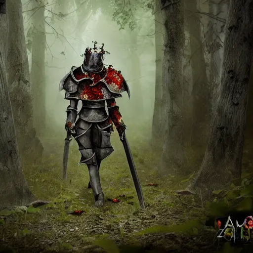 Prompt: a zombie knight in a scary forest, 8 k, shallow depth of field, 8 k, ultra high detail, concept art,