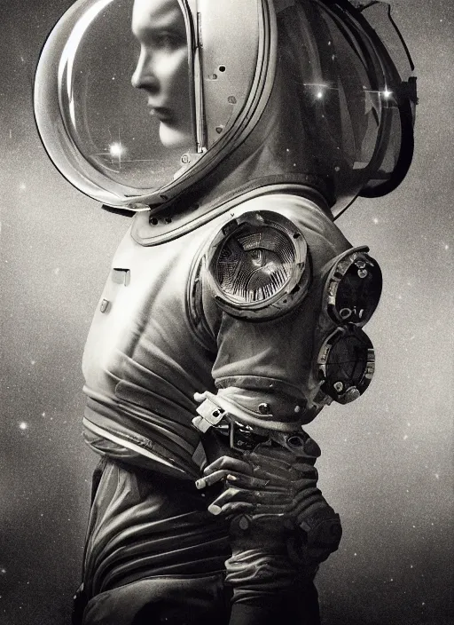 Prompt: old wetplate daguerreotype portrait of a futuristic space astronaut cyborg striking a model pose, fractal, intricate, elegant, highly detailed, parallax, leica, medium format, subsurface scattering, by jheronimus bosch and greg rutkowski and louis jacques mande daguerre