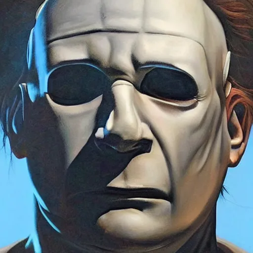 Image similar to an ultra - realistic portrait painting of michael myers in the style of alex ross. 4 k. ultra - realistic. highly detailed. epic lighting.