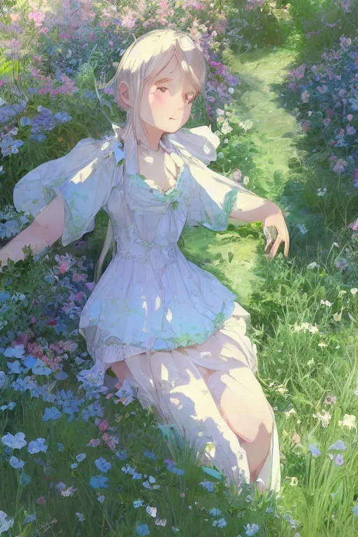 Image similar to a depressed digital art, loli in dress, garden, green and warm theme, blue accents, back lighting, highly detailed, 4 k resolution, trending on art station, by krenz cushart and mucha and akihito yoshida and greg rutkowski and makoto shinkai