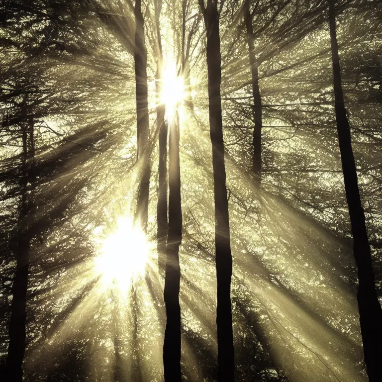 Prompt: atmospheric Polaroid photo of tree leaves, sun shining through, light rays