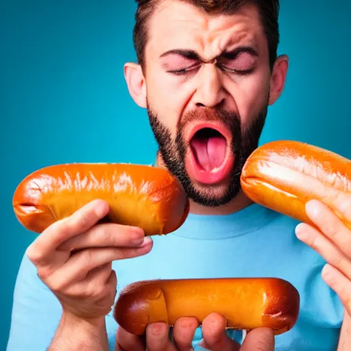 Prompt: a guy holding hotdogs in both hands looking really upset that they forgot his mustard