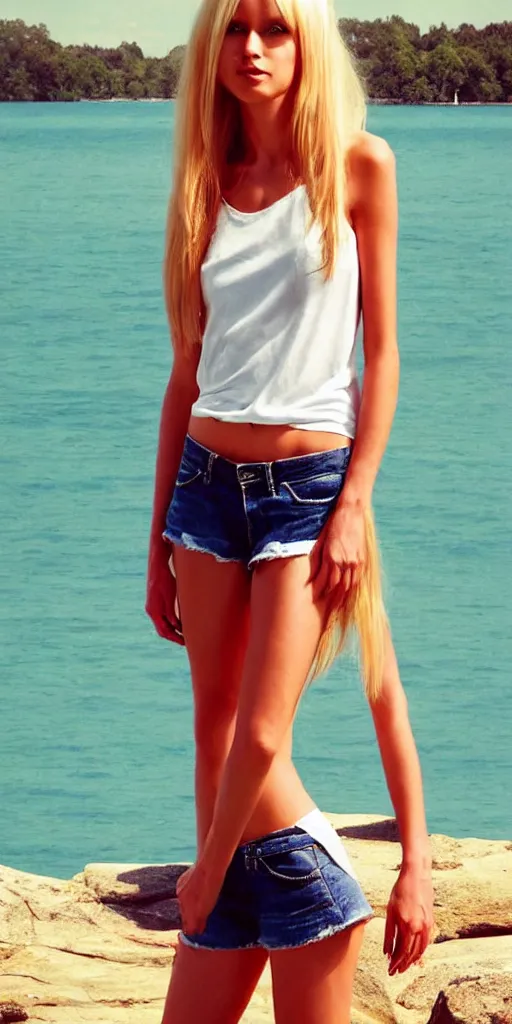 Prompt: a gorgeous woman with very long hip-length blonde hair, wearing a cut-off white top and orange cut-off shorts standing by the water, in the style of mario testino and annie liebovitz and artgerm and moebius, photorealistic, highly detailed, trending on artstation