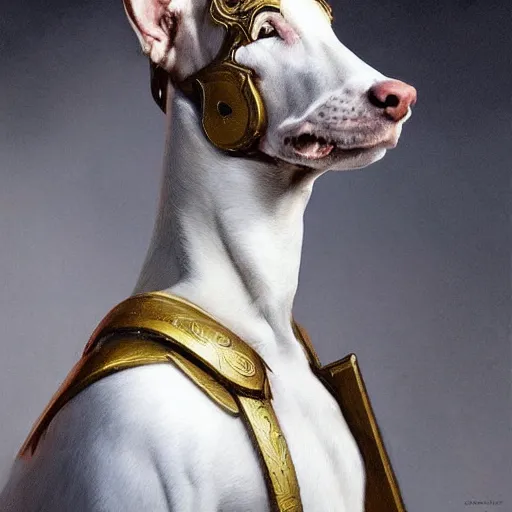 Prompt: A masterpiece portrait of a white greyhound holding a sword. Greyhound is wearing a knights helmet. Very detailed. intricate, elegant, highly detailed. trending on artstation, digital art, by Stanley Artgerm Lau, WLOP, Rossdraws, James Jean, Andrei Riabovitchev, Marc Simonetti, Yoshitaka Amano