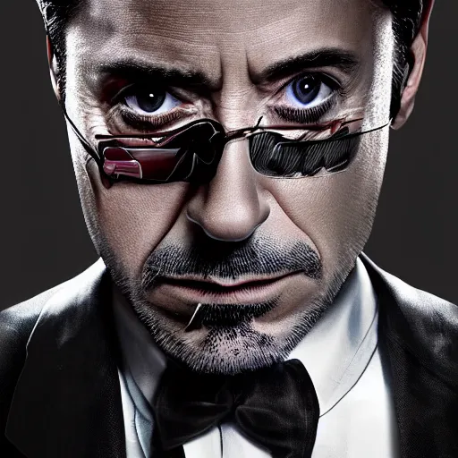 Image similar to robert downey jr in batman suit, portrait hd, without helmets, clear face, 4 k