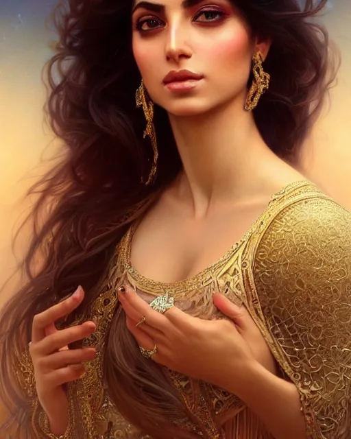 Image similar to Beautiful portrait of a Persian Princess who is an architect, beautiful princess, beautiful body, attractive, babe, face painting, full body, dramatic lighting, intricate, wild, highly detailed, digital painting, artstation, concept art, smooth, sharp focus, illustration, art by artgerm and greg rutkowski and alphonse mucha, footage from space camera