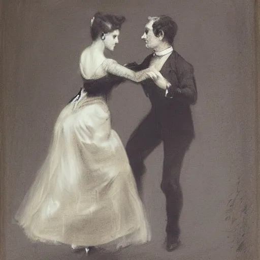 Prompt: old lady and young gentleman ballroom dancing by alfred stevens in charcoal